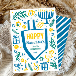 Cartes Pour Fêtes Annuelles Whimsical Cute Dreidel Menorah CUSTOM HANOUKKA