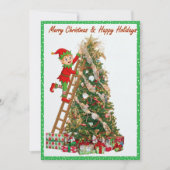 Cartes Pour Fêtes Annuelles Whimsical Elf Climbing Ladder to Tree (Devant)