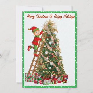 Cartes Pour Fêtes Annuelles Whimsical Elf Climbing Ladder to Tree