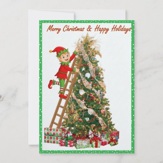 Cartes Pour Fêtes Annuelles Whimsical Elf Climbing Ladder to Tree (Devant)