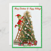 Cartes Pour Fêtes Annuelles Whimsical Elf Climbing Ladder to Tree (Devant / Derrière)