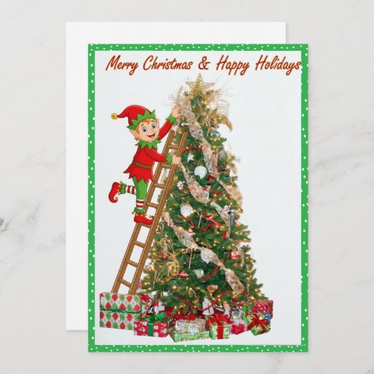 Cartes Pour Fêtes Annuelles Whimsical Elf Climbing Ladder to Tree (Devant / Derrière)
