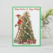 Cartes Pour Fêtes Annuelles Whimsical Elf Climbing Ladder to Tree (Debout devant)