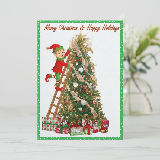 Cartes Pour Fêtes Annuelles Whimsical Elf Climbing Ladder to Tree (Debout devant)