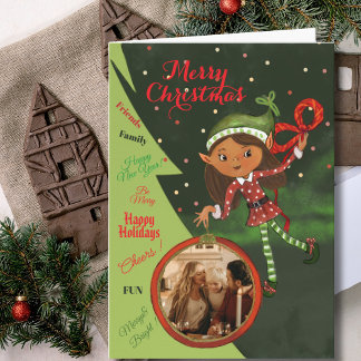 Cartes Pour Fêtes Annuelles Whimsical Elf Girl Photo Christmas Card | Green