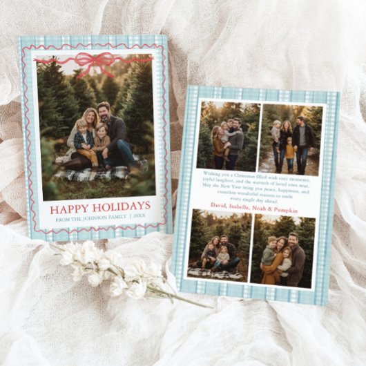Cartes Pour Fêtes Annuelles Whimsical Grandmillenial Blue Bow Family Photo