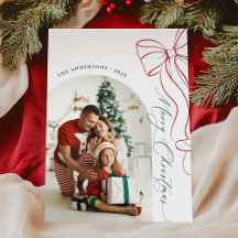 Whimsical Hand Drawn Bow Red Christmas Photo Card