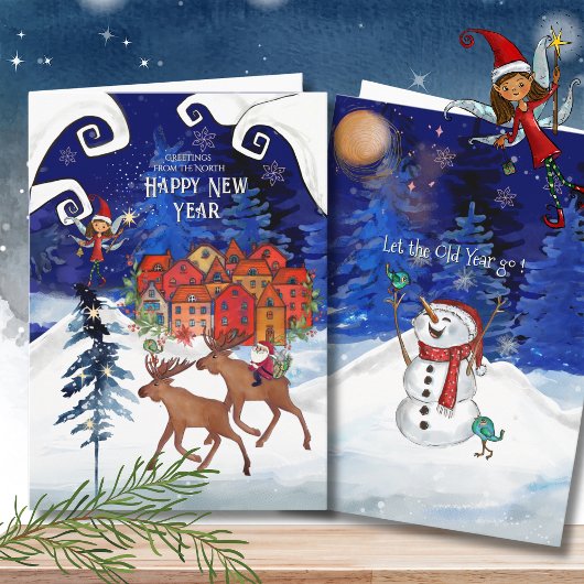 Cartes Pour Fêtes Annuelles Whimsical Nordic Santa on a Moose Happy New Year 