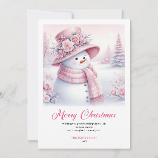 Cartes Pour Fêtes Annuelles Whimsical Pink Snowman Digital Winter Scene Cards (Devant)