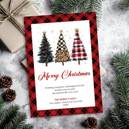 Cartes Pour Fêtes Annuelles Whimsical Red Plaid Christmas Tree Leopard Pattern