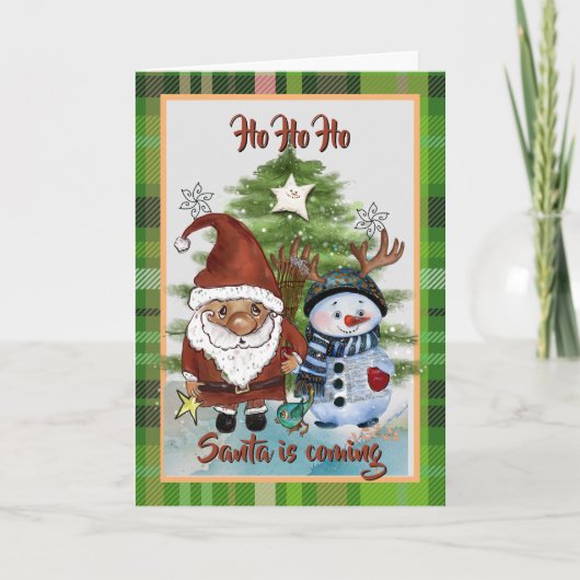 Cartes Pour Fêtes Annuelles Whimsical Santa, Deer & Elf Plaid Christmas Card (Devant)