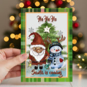 Cartes Pour Fêtes Annuelles Whimsical Santa, Deer & Elf Plaid Christmas Card