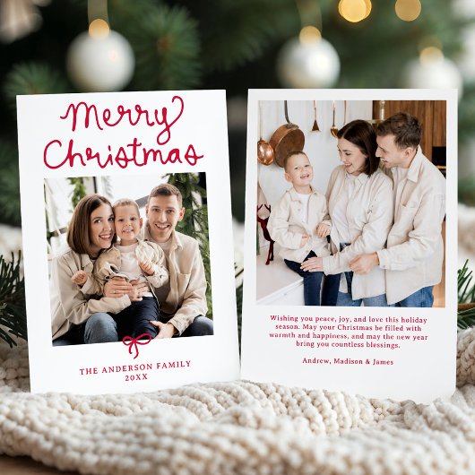 Cartes Pour Fêtes Annuelles Whimsical Script Red Bow Christmas 2 Photo