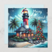 Cartes Pour Fêtes Annuelles Whimsical Tropical Christmas Lighthouse Turquoise (Devant / Derrière)