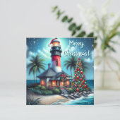 Cartes Pour Fêtes Annuelles Whimsical Tropical Christmas Lighthouse Turquoise (Debout devant)