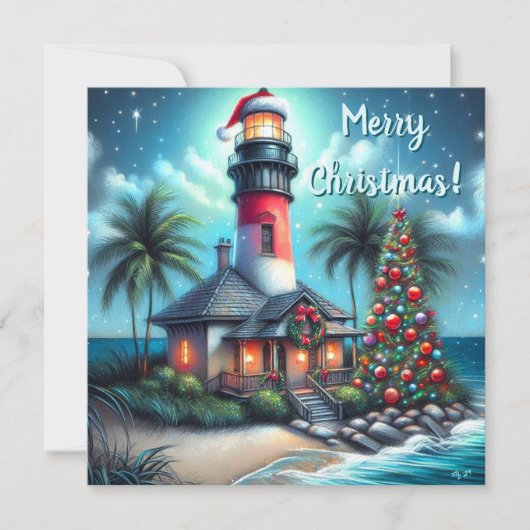 Cartes Pour Fêtes Annuelles Whimsical Tropical Christmas Lighthouse Turquoise (Devant)