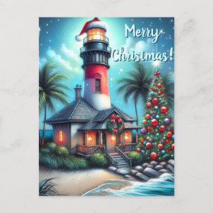 Cartes Pour Fêtes Annuelles Whimsical Tropical Christmas Lighthouse Turquoise 