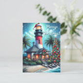 Cartes Pour Fêtes Annuelles Whimsical Tropical Christmas Lighthouse Turquoise (Debout devant)