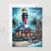 Cartes Pour Fêtes Annuelles Whimsical Tropical Christmas Lighthouse Turquoise (Devant / Derrière)