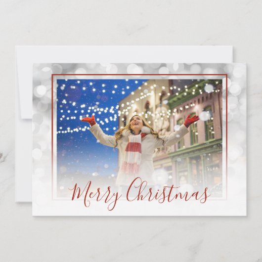 Cartes Pour Fêtes Annuelles White Bokeh Red Frame Custom Joyeux Noël Photo (Devant)