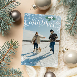 Cartes Pour Fêtes Annuelles White Holly Snowflakes Joyeux Noël Photo