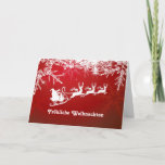Cartes Pour Fêtes Annuelles White wflakes, Santa, Reindeers on red German<br><div class="desc">Blanche wflakes,  Santa Claus with his sleigh and reindeer on a red wintery background. The German text in front says : Merry Christmas. Inside à German too : Merry Christmas and a happy New Year.</div>
