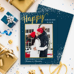 Cartes Pour Fêtes Annuelles Winter Blue Gold Script Happy Holidays Photo<br><div class="desc">Winter Blue Gold Script Happy Holidays Photo Holiday Card</div>