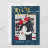 Cartes Pour Fêtes Annuelles Winter Blue Gold Script Joyeux Noël Photo (Devant)