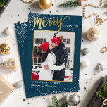 Cartes Pour Fêtes Annuelles Winter Blue Gold Script Joyeux Noël Photo<br><div class="desc">Winter Blue Gold Script Joyeux Noël Photo Holiday Card</div>