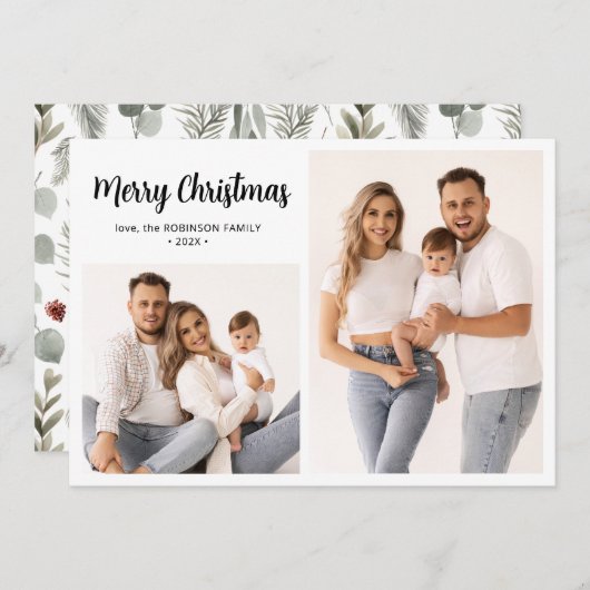 Cartes Pour Fêtes Annuelles Winter Botanical Script 2 Photo Collage Noël (Devant / Derrière)