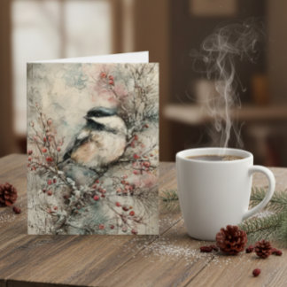 Cartes Pour Fêtes Annuelles Winter Chickadee Watercolor Christmas Card – Peace