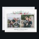 Cartes Pour Fêtes Annuelles Winter Greenery Poinsettia 2 photo Joyeux Noël<br><div class="desc">Cette carte de Noël moderne comprend deux photos carrés sur le devant et un texte personnalisé pour un message personnel sur le dos. Le design est accentué par un graphique de verdure hivernale et de poinsettias rouges sur un arrière - plan blanc propre. Personnalisez avec votre nom de famille. Photographie...</div>