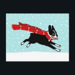 Cartes Pour Fêtes Annuelles Winter Holiday Boston Terrier Wearing Red Scarf<br><div class="desc">A festive holiday drawing of a happy black and white Boston Terrier wearing a red scarf running through the falling snow. A perfect holiday postcard for pet services to customize and send to customers, friends and clients. Great for veterinarians, pet sitters and dog walkers. A fun Christmas postcard for anyone...</div>