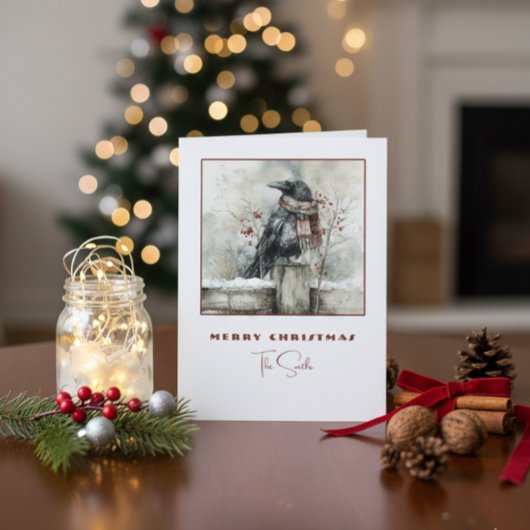 Cartes Pour Fêtes Annuelles Winter Raven Crow Christmas Card with Cozy Scarf
