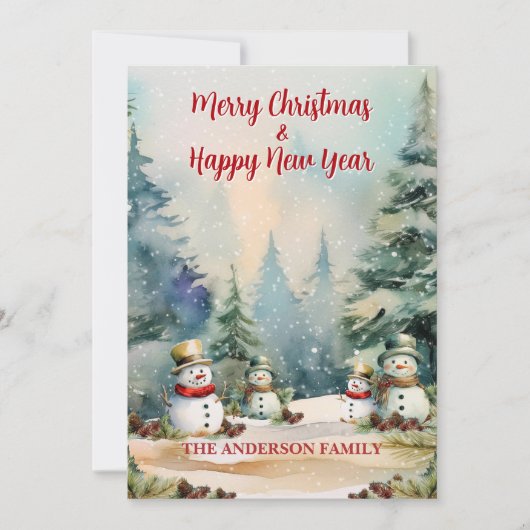 Cartes Pour Fêtes Annuelles Winter Wonderland: Pine Trees and Snowmen (Devant)