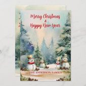 Cartes Pour Fêtes Annuelles Winter Wonderland: Pine Trees and Snowmen (Devant / Derrière)