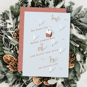 Cartes Pour Fêtes Annuelles Winterscape Red House & Deer Light Blue Christmas
