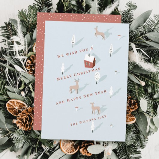Cartes Pour Fêtes Annuelles Winterscape Red House & Deer Light Blue Christmas