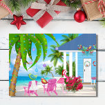 Cartes Pour Fêtes Annuelles Wishes Birds and Beach House Christmas<br><div class="desc">This tropical Christmas holiday greeting card feobjets an adorable flock of colorl birds and a pink flamingo wearing a Santa. They are enjoying their beautiful beach house on the ocean. Inside Greeting - "Chaude Wishes From our Holiday Paradise to Yours !" - Some graphics by and slslines.etsy.com. Thanks for stop...</div>