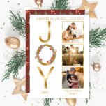 Cartes Pour Fêtes Annuelles Wishing You Peace Love and Jove 3 Photo Noël<br><div class="desc">Wishing You Peace, Love and "Joy" Christmas Faux teintes or avec une couronne sur le "O" dans "Joy" à gauche avec trois photos de votre choix à droite. Ajoutez simplement l'année et votre nom de famille pour compléter le design. Le fond est un motif de verdure et de baies de...</div>