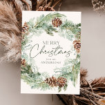 Cartes Pour Fêtes Annuelles Wréath de cône de pin aquarelle rustique non photo<br><div class="desc">Elégante carte de vacances avec une couronne d'aquarelle de pinecones, de pinèdes et de verdure luxuriante avec un arrière - plan crème légère. "Joyeux Noël" est affiché dans un script vert foncé avec votre nom ci-dessous. La carte de vacances non photo s'inverse pour afficher votre message personnel sur un arrière...</div>
