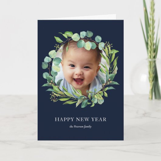 Cartes Pour Fêtes Annuelles Wreath d'Eucalyptus | Photo du nouvel an du feuill (Devant)