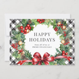 Cartes Pour Fêtes Annuelles Wreath Holly Berries Black Plaid Business