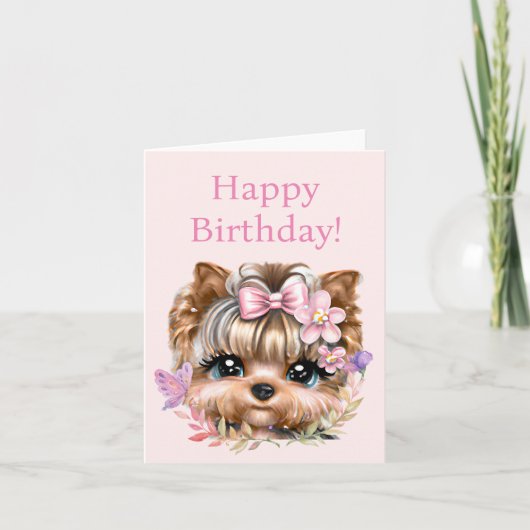 Cartes Pour Fêtes Annuelles Yorkie mignonne avec une corse rose (Devant)