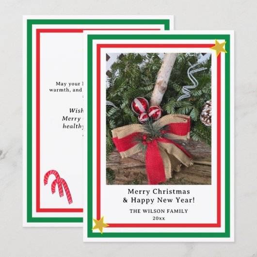 Cartes Pour Fêtes Annuelles Yule Log Red Burlap Bow Green INSERT PHOTO (Devant / Derrière)
