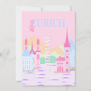 Cartes Pour Fêtes Annuelles Zurich Travel Art, Suisse, Pink Preppy