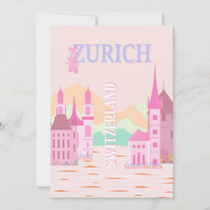 Cartes Pour Fêtes Annuelles Zurich Travel Art, Suisse, Pink Retro Travel
