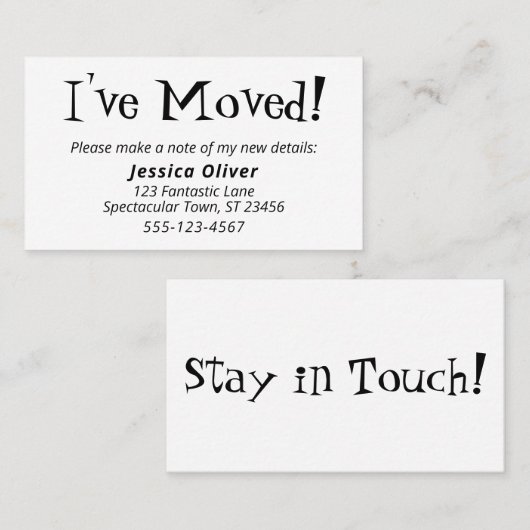 Cartes Quirky "I've Moved" (J'ai déplacé) blanches (Devant / Derrière)