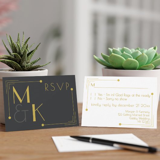Cartes RSVP Art Déco 1920 Mariage Black Gold