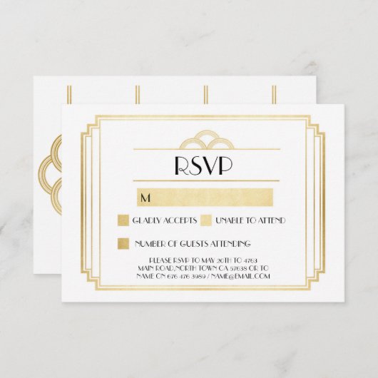 Cartes RSVP Art Déco 1920's Gold White Response (Devant / Derrière)
